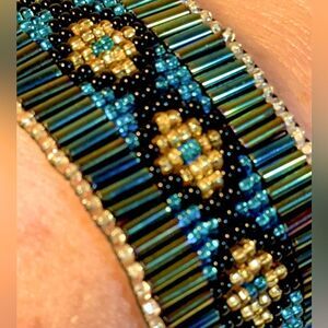 Hand crafted woven brick stitch Beaded Bracelet Diamond evil eye Pattern blue